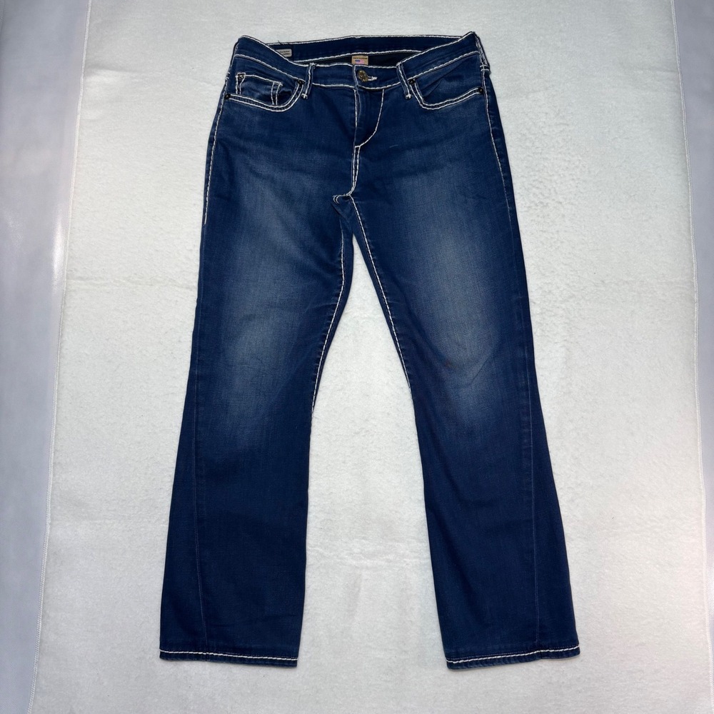 True Religion Becca Mid Rise Bootcut Jeans Dark‎ Wash White Stitch Size 27